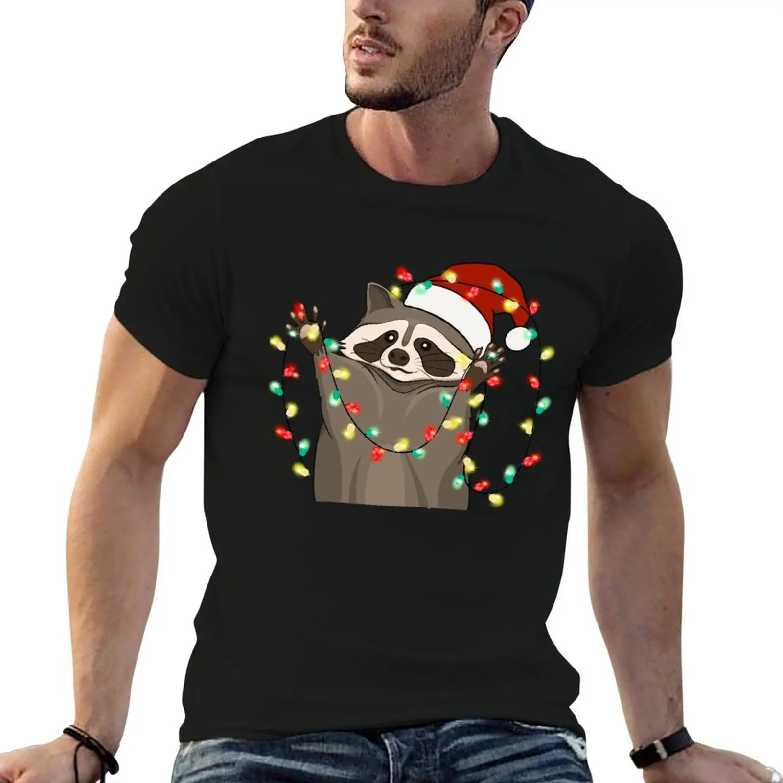 santa raccoon christmas lights tree T-Shirt man t shirt cotton cotton t shirts man 100% T-Shirt