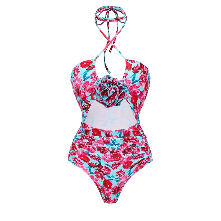 2024 New Swimsuit Halter Floral Print One Piece Swimwear Women  Vacation Beachwear Luxury Bathing Suit Sexy Bikini two piece