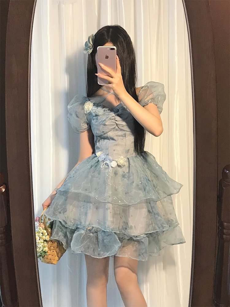 

Новая женская юбка Sweet Summer Dr 2025 года с открытыми плечами, объемными 3D цветами, пышной талией и коротким А-образным подолом из полиэфирного волокна