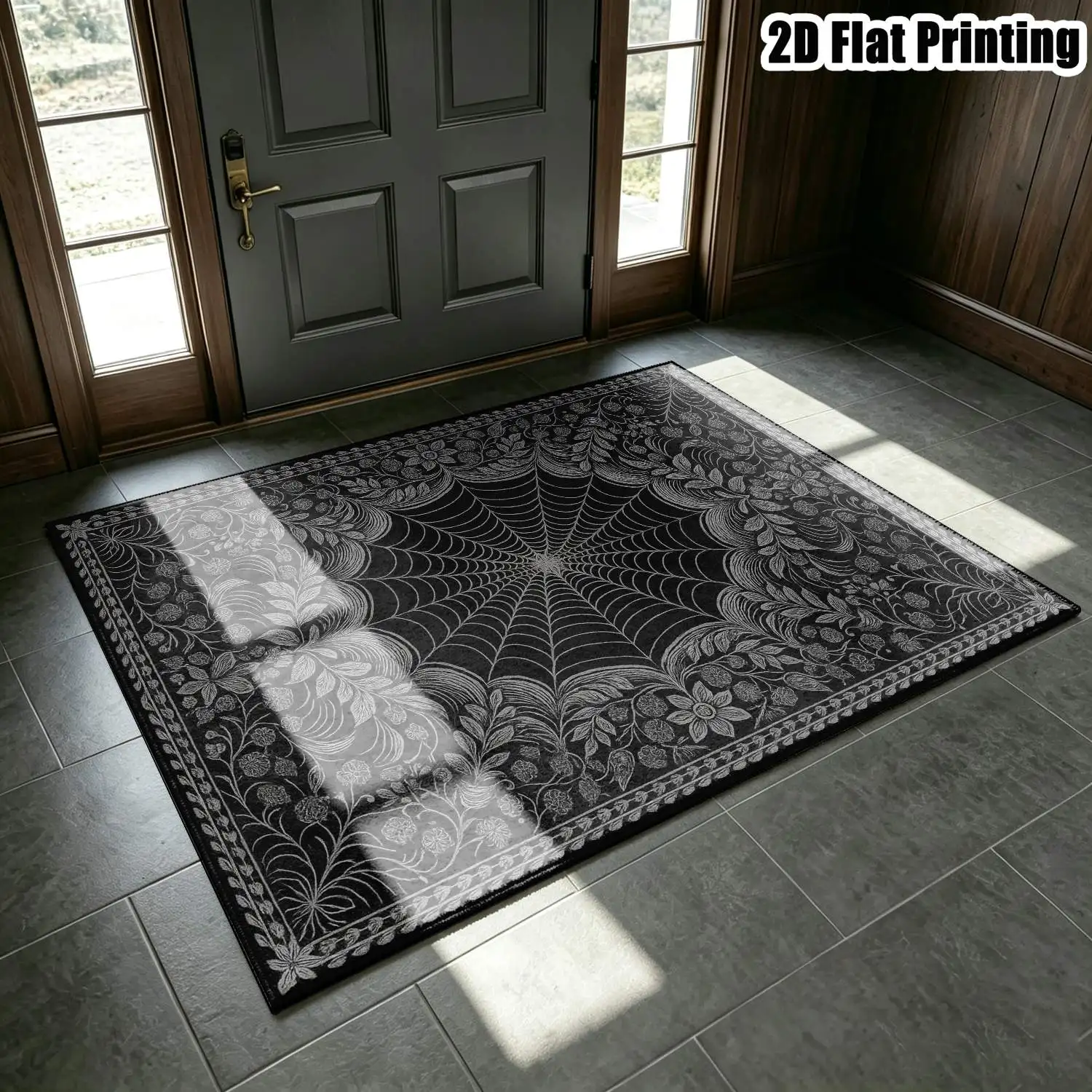 1Pc 2D Printed Black Spiderweb Flower Pattern Carpet: European Retro Bohemian Geometric Style, Home Decor Mat, Multi-Size Machine Washable, for Entrance, Foyer, Living Room, Bedroom, Dining Room
