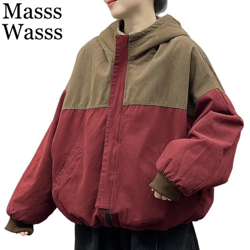 Masss Wasss 2025 Winter Women Fashion Reversible Design Fur Jackets Loose Warm Hooded Padded Coats Classic Casual Vintage Parkas