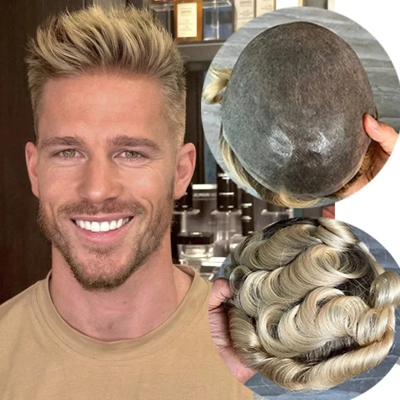 

# 4-т # 613 Ombre блондинка мужской парик человеческие волосы супер тонкая кожа 0,06 мм V-образная петля невидимый мужской капиллярный протез лысый шиньон