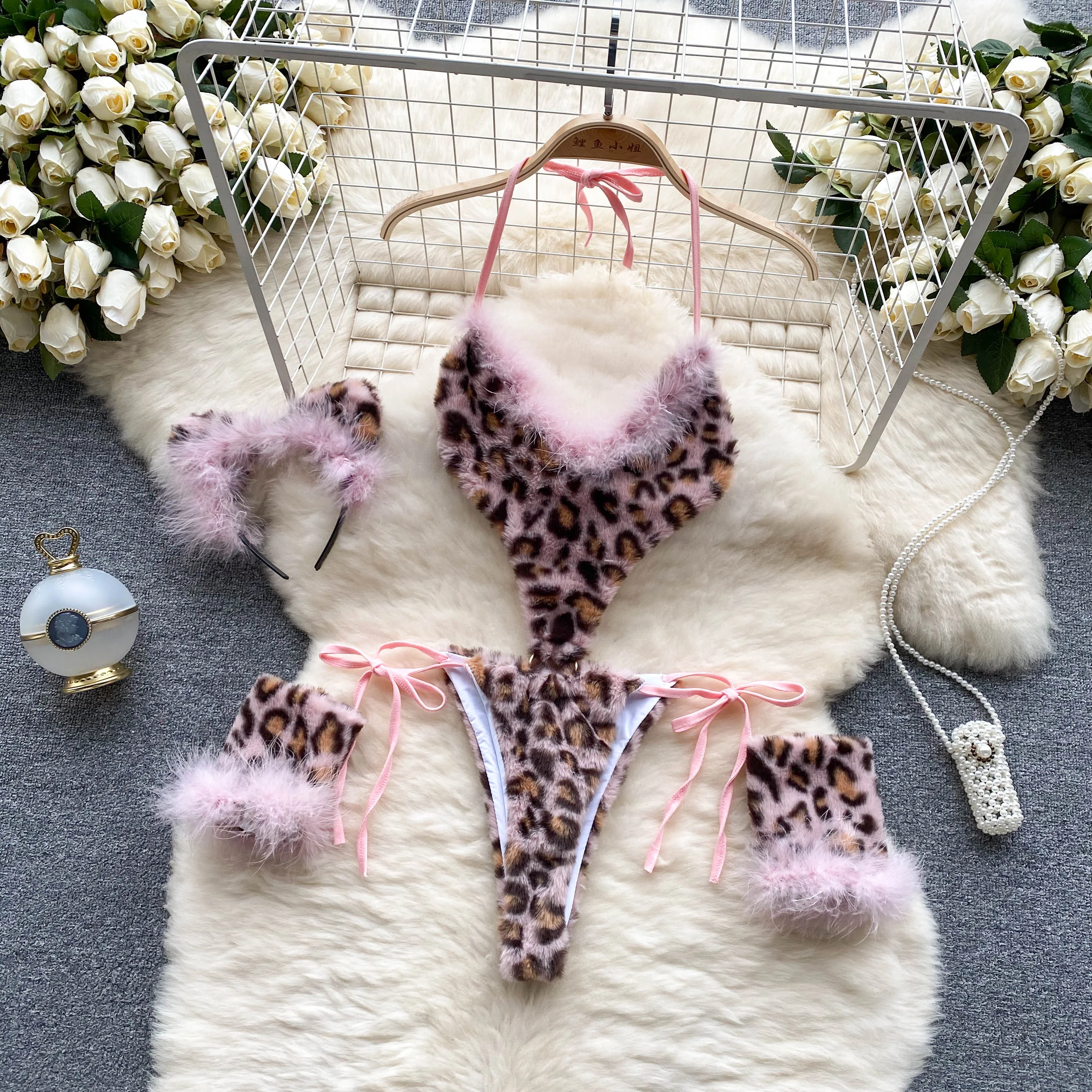 Women Leopard Print Velour Bodysuits Fashion One Piece Combination Catsuits Halter Vintage Bodycon Sexy Onesie Lingerie