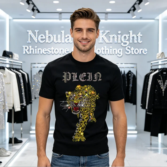 Daily Casual Men Rhinestone Crystal T-Shirt Cotton Round Neck Short Sleeve Summer New Fashion Male Shirts