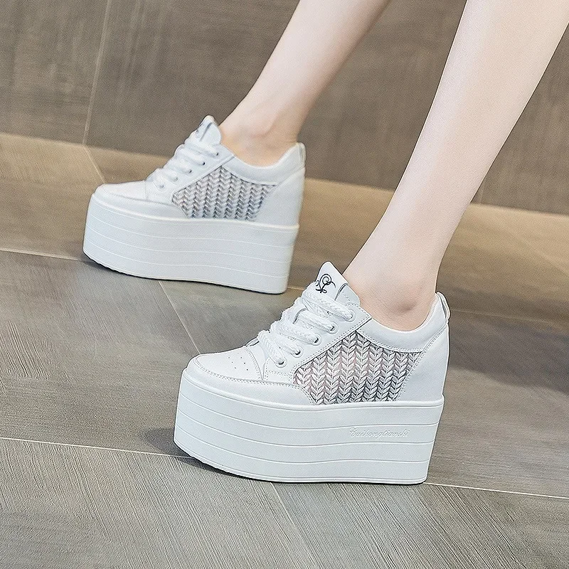 Casual Mesh Shoes Women Spring Summer New All-match Fashion Simple Breathable Thick Sole Increase 12 Cm Leisure