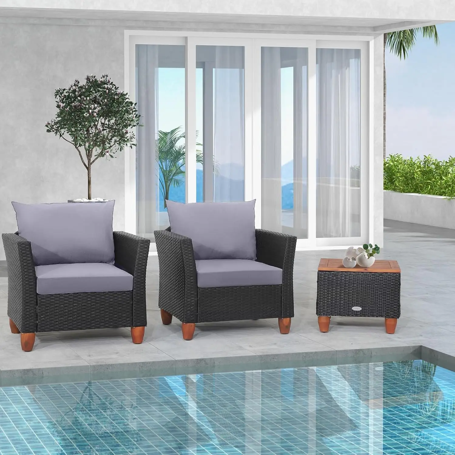 PE Rattan 3 Piece Patio Furniture Set, Outdoor Wicker Sofa with Washable Cushion & Wood Table, Porch Yard Garden Set, Customized