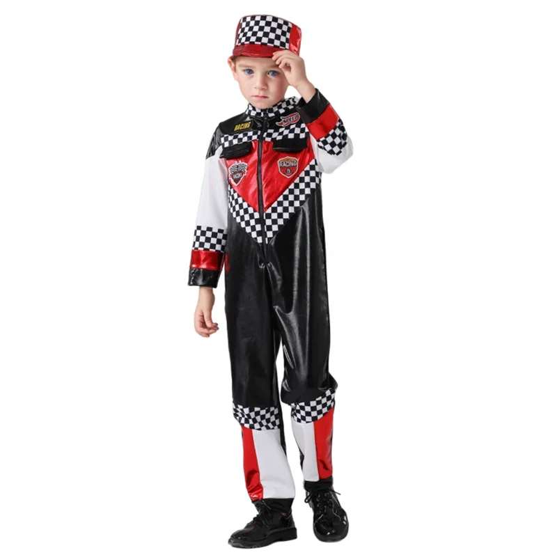 Race Car Driver Costume High Quality Boys Racer Jumpsuit With Car Cap Kids Dress Up for Halloween Birthday Outfit Gift 2024 NEW