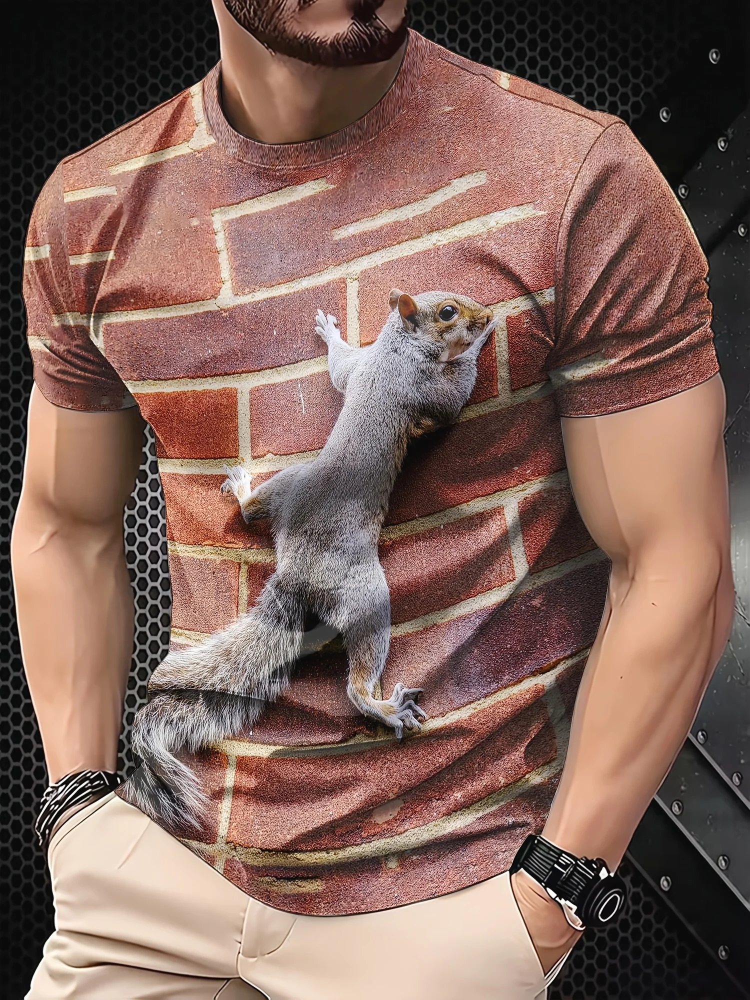Men's 3D Brick Wall Squirrel Print T-Shirt Crew Neck Short Sleeve Summer Casual Animal Graphic Tee Tops