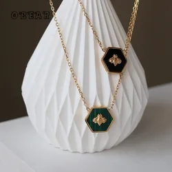 Stainless Steel Plated 18K Gold Honeycomb Bee Hexagon Green Stripes Vintage Black Necklace for Women Jewelr