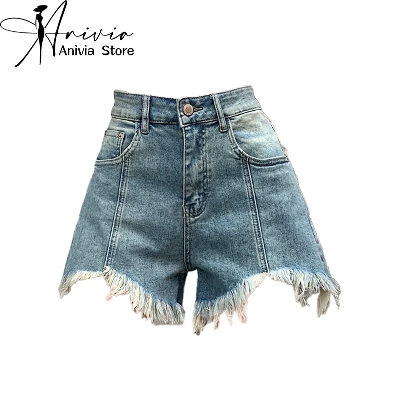 

Women's Summer High Street Denim Shorts American Retro Tassel Fashion Y2K Blue Casual Wide Leg Shorts Street Clothing 2024 New