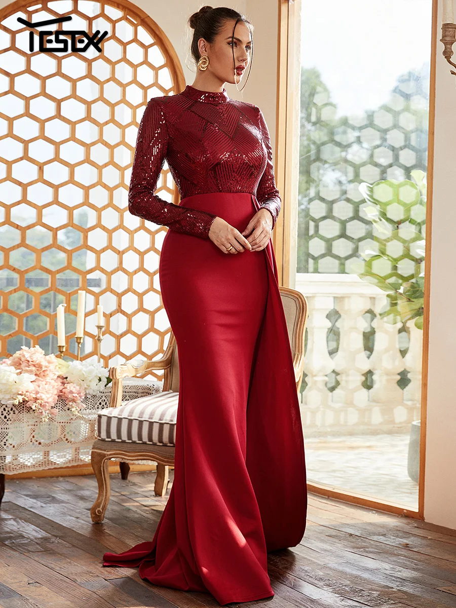 Yesexy nuovo drappeggio formale a-line manica lunga paillettes rosso Prom sera abiti da festa eleganti di lusso per le donne 2024 abito da Cocktail