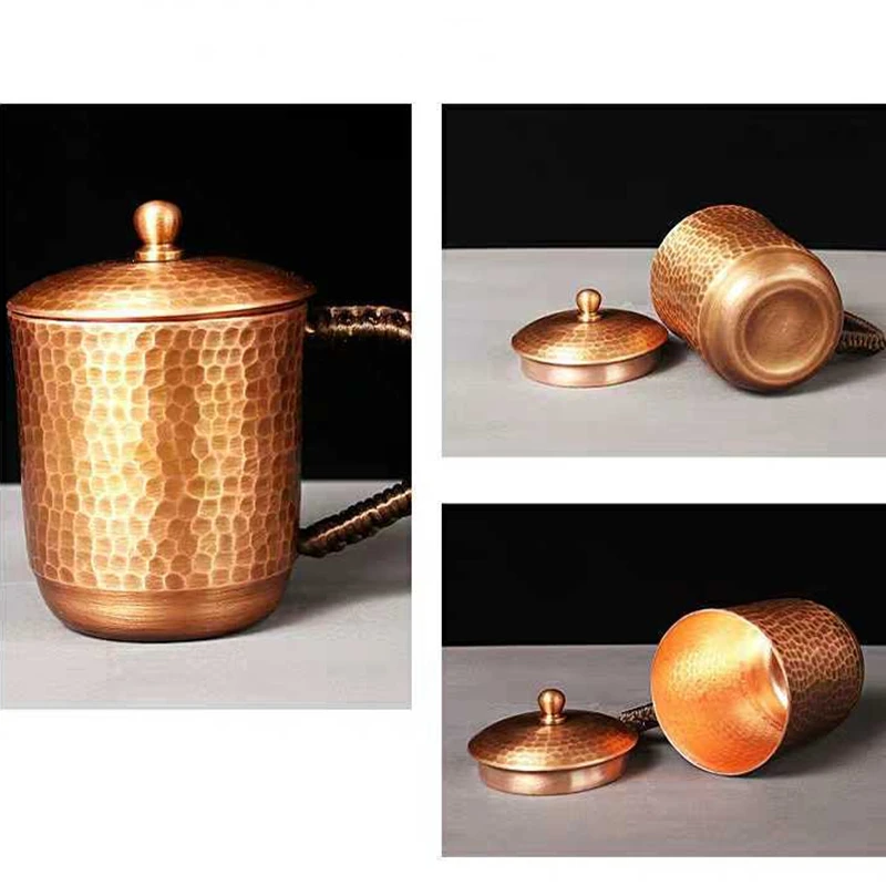Handcrafted Pure Copper Beer Coffee Mug With lid Retro Hammer Weave Handle Thickened Hammer 350 ml Breakfast Cup Drinkware