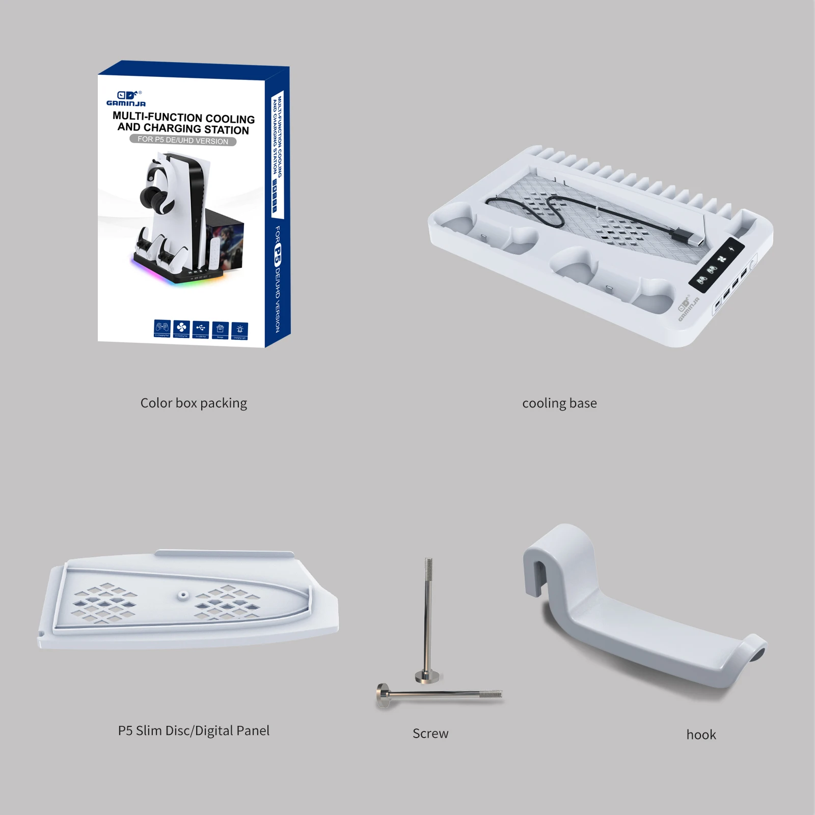 Gaminja-Suporte de Arrefecimento RGB para PS5, Console Slim, Gamepad, Base de Carregamento, Headset Hook, Game CD Storage Rack, Disco e Digital