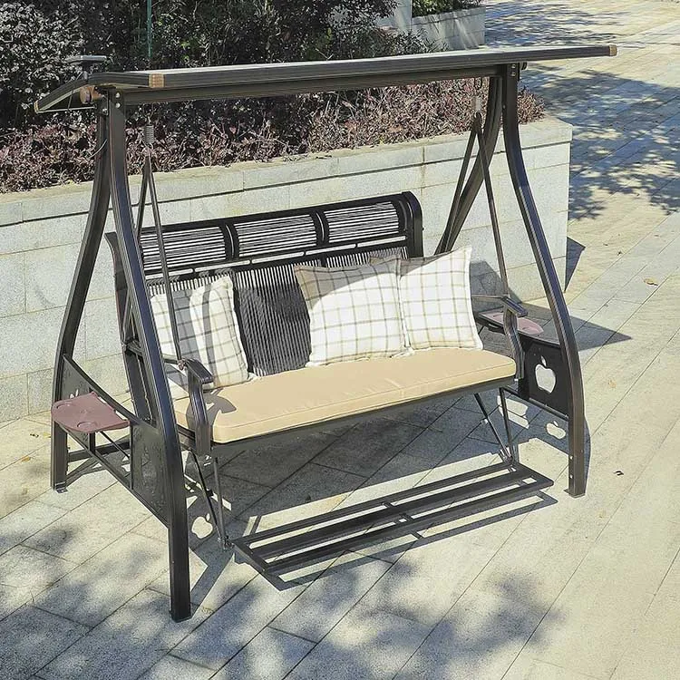 Modern 3-Seat Outdoor Patio Garden Swing Chair Canopy Metal Rattan Design Indoor Balcony School Courtyard Hall Available Black