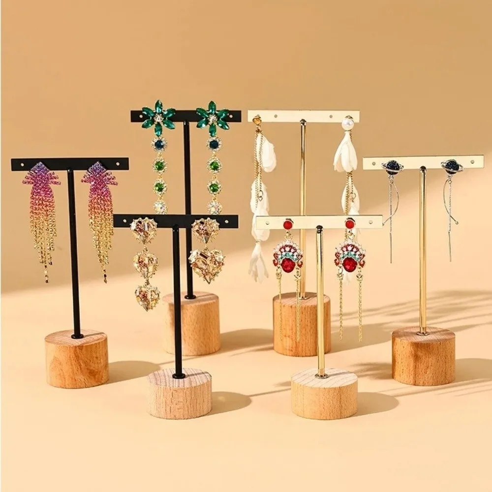 T-Bar Jewelry Display Rack Photography Props Desktop Earring Display Stand With Wooden Base Earrings Hanging Organizer Earring