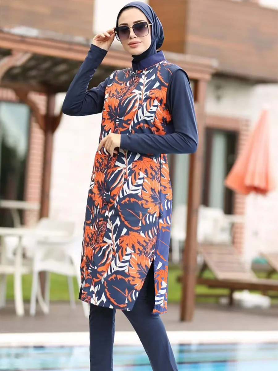 4PCS Waterproof Modest Burkini Femmes Beach Long Swimwears Women Floral Swimsuit Swimwear Full Cover Hijab Top Pants ​Bra