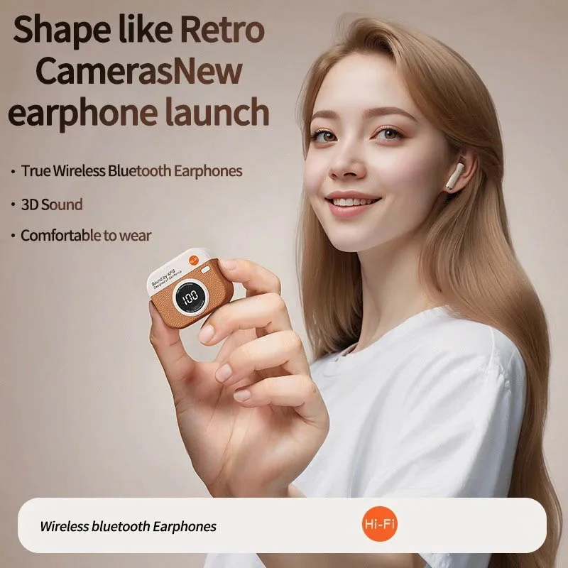 

2025 Mini Camera Style TWS Wireless Earphones Bluetooth Play Back Sport Earbuds with LED Display Headphones Built-in Mic