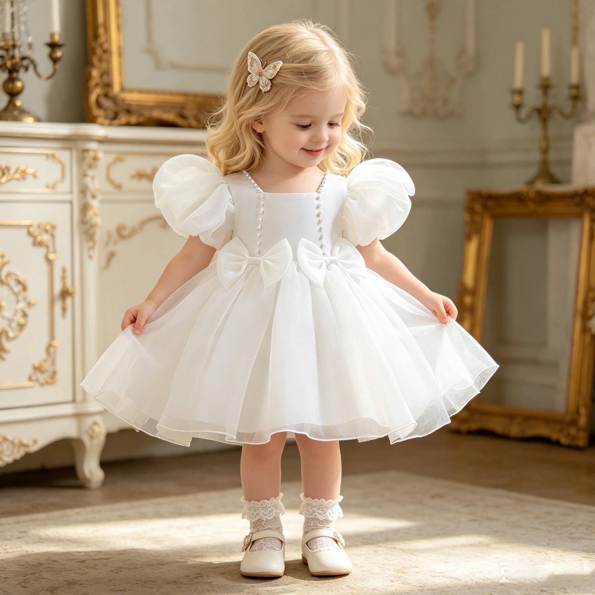 

Toddler Baptism Party Baby Girls Dress Elegant 1st Birthday Wedding Bridesmaids Princess Dresses Girl Bow Christening Prom Gown