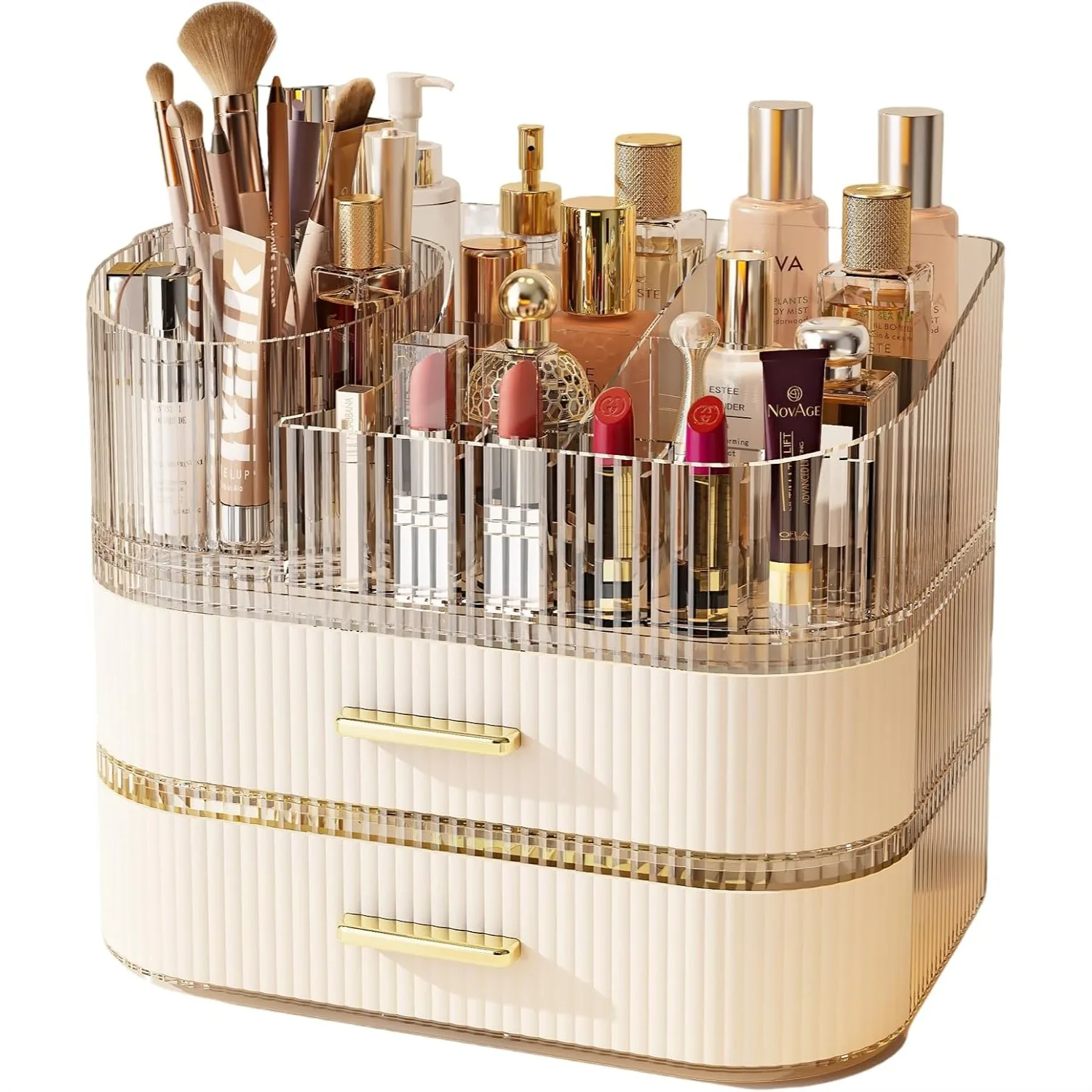

Makeup Organizer with 360 Rotating Brush Holder & Stackable Drawers, Acrylic Cosmetic Display Case for Vanity, Bathroom