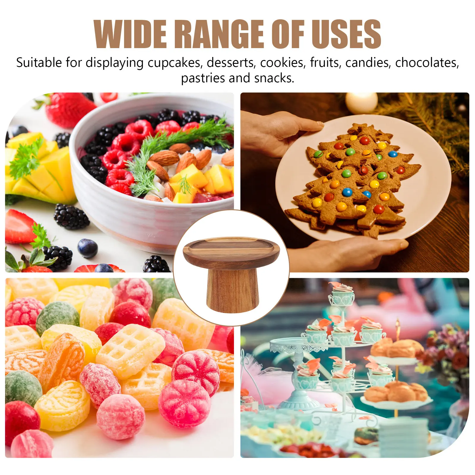 Wooden High Base Cake Stand for Desserts Cupcakes Fruits Snacks Display Natural Style Party Wedding Picnic Home Kitchen