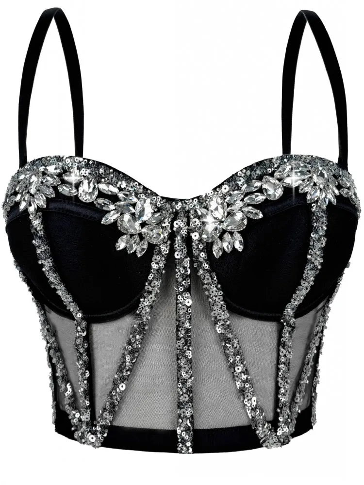 Rhinestones Female Corset Top Women Camis Nightclub Pearls Short Chest Binder Sexy Camisole Mujer Lingerie Tube Bra Debardeur