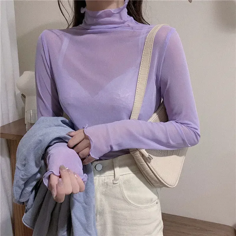 High Neck Sheer Mesh Top Women Clothing Long Sleeve Turtleneck T-shirt Korean Sexy See Through Black White Pink Purple Shirt New