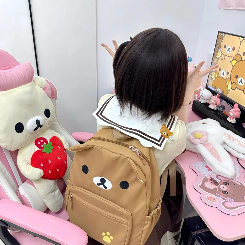 Kawaii Rilakkuma Cartoon Canvas Backpack Brown Bear Student Versatile Storage Shoulders Bag Sweet Girls Children Birthday Gifts