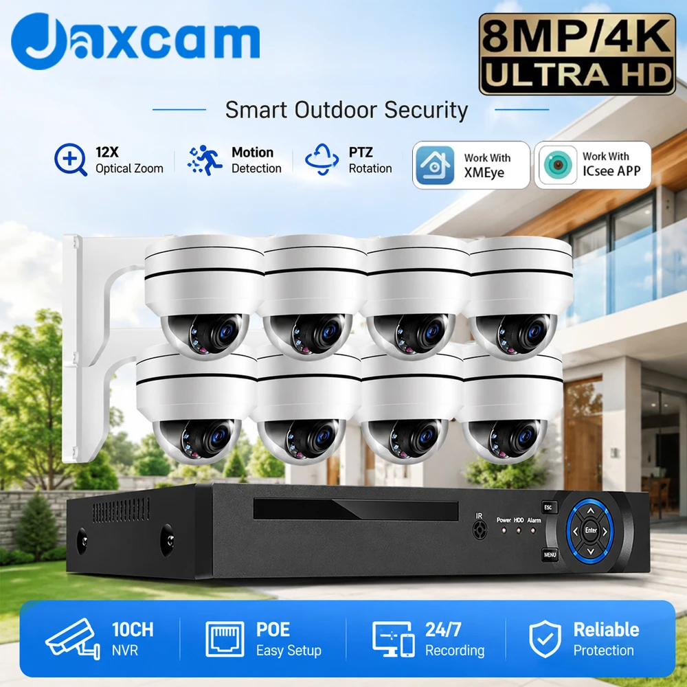 ICsee APP 10CH POE NVR With 4K 8MP 12X Zoom PTZ IP Camera Video Surveillance Kit Monitor Audio Record CCTV Security System