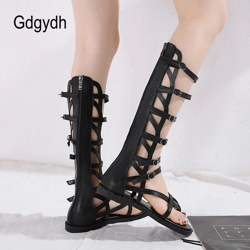 Gdgydh Fashion Buckle Gladiator Sandals Women Flat Sandals High Knee Flip Flops Female Summer Shoes With Zipper Black Leather