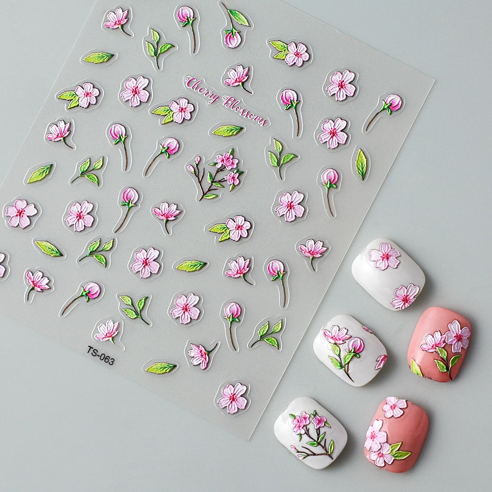 Flores de cerezo 5D pegatinas de uñas deslizantes para esmalte de manicura calcomanías cinta de uñas