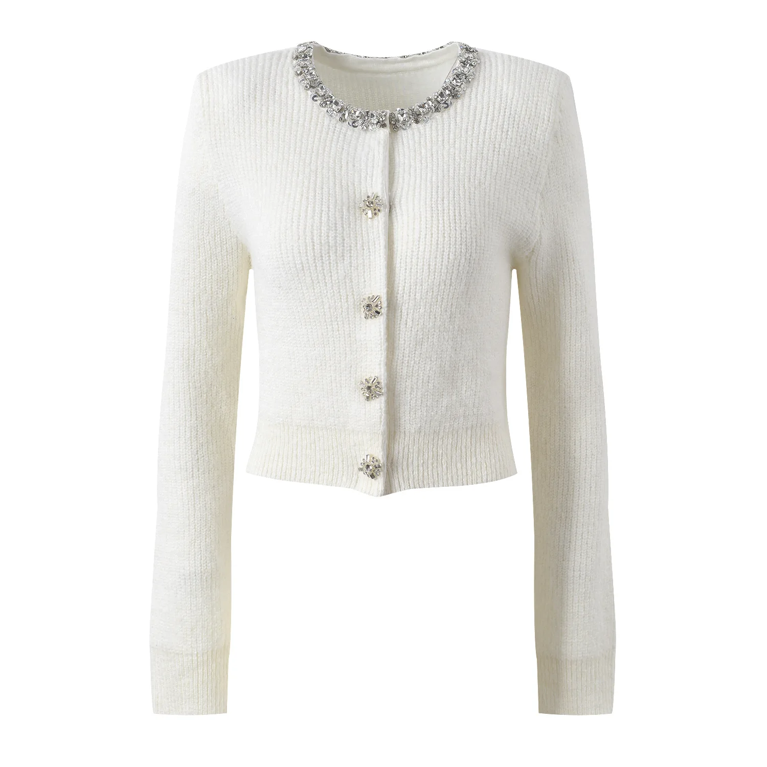 

High-End Autumn Knitted Top Diamond Decorated Collar Anti-Aging Versatile Ele Sle Long Sve round Ne Sweater Coat