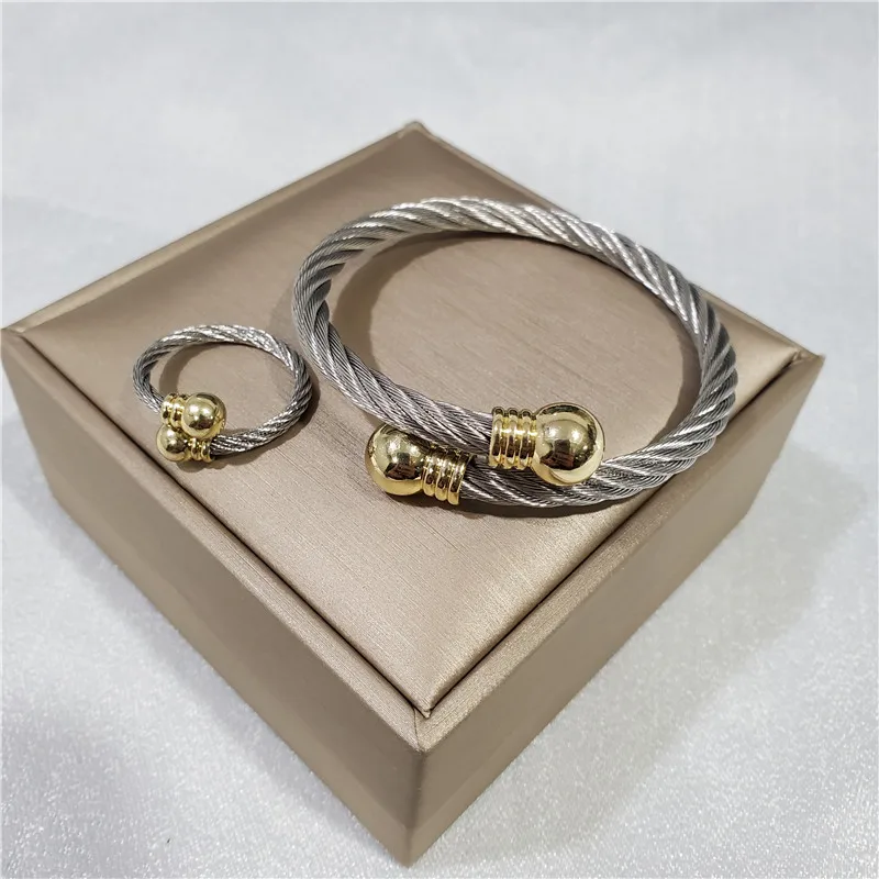 316L Stainless Steel Cable Simple Opening Female Ring Bracelet Wedding Jewelry Set  Conjuntos Feminino Bijoux Enfant Pour Fille