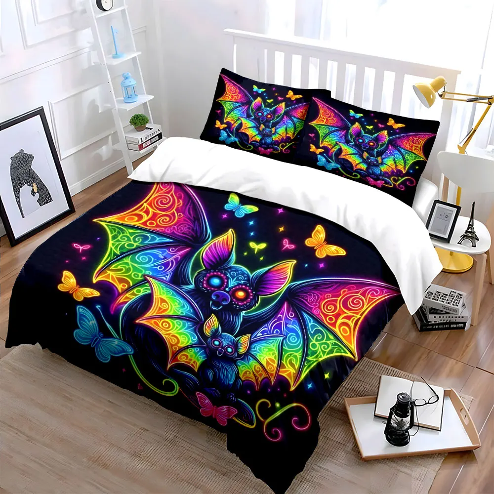Neon bats with glowing butterflies Pattern Duvet Cover Set Digital Print Colorful Polyester Bedding with Zipper Closur for gifts