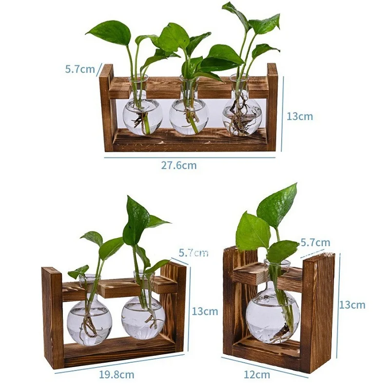 Wooden Stand Hydroponic Small Vase Glass Transparent Bottle Container Creative Home Living Room Office Desktop Ornaments 2024