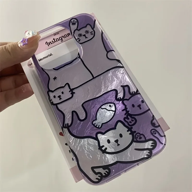 Phone Case For iPhone 16 15 14 13 12 11 Pro Max XS X XR 7 8 Plus SE 2022 Perforated Vortex Shell IND Purple Fish Cat Soft Cover image 4