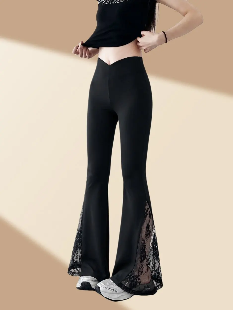 Black Lace Trim High Waist Slimming Women's Capri Pants Summer New Style Casual Loose Long Trousers Fashionable Bell Bottoms