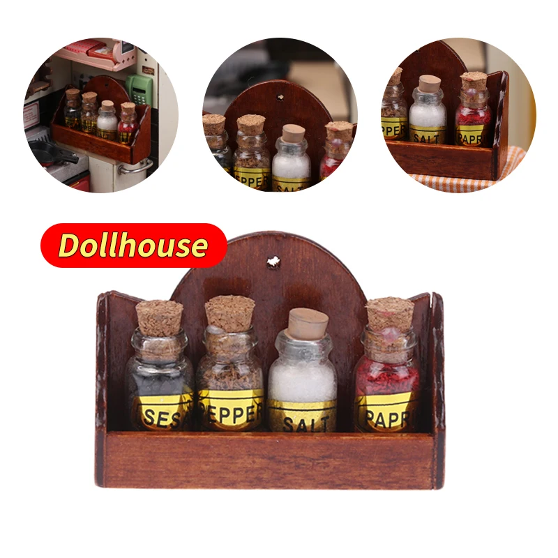 Casa delle bambole Mini giornale/bottiglia di spezie Scaffale per condimenti Scaffali da parete Mobili da cucina per casa delle bambole Decor Giocattoli Accessori per la casa delle bambole