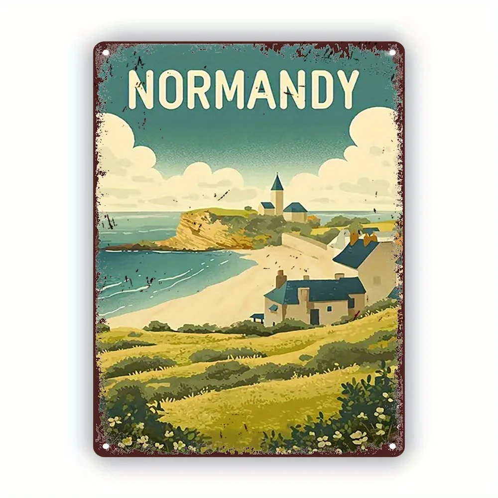 Vintage Normandy Beach Landscape Metal Sign -  Iron Tin Wall Art for Home & Bar Decor Coastal Scene Printed Poster Retro Plaq