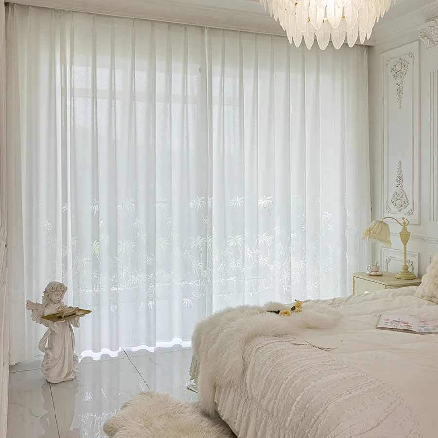 American Jacquard Transparent Coconut Tree Luxury Fashion Custom Size Customized  Curtains for Living Dining Room Bedroom Sheer