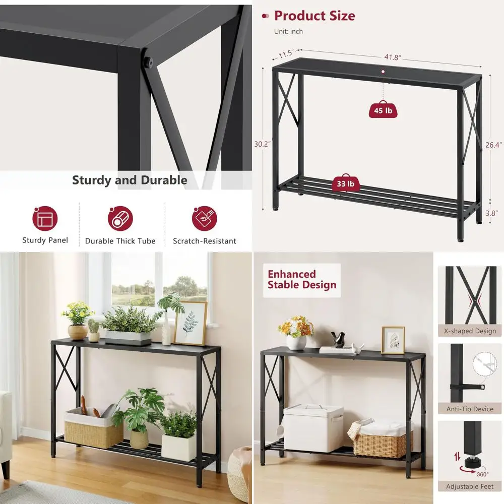 

2-Tier Entryway Table, 41.8” Long, Slim Sofa Side Table with Shelves, Ideal for Hallway, Living Room, or Office, Black