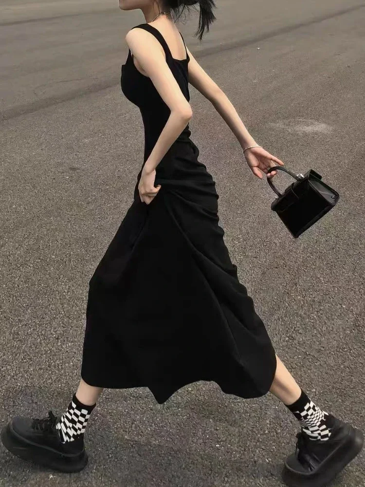 Vestidos largos negros para mujer, vestido veraniego sencillo a la moda, elegante, con cuello cuadrado, estilo francés, Sexy, sin espalda, informal, básico, nuevo