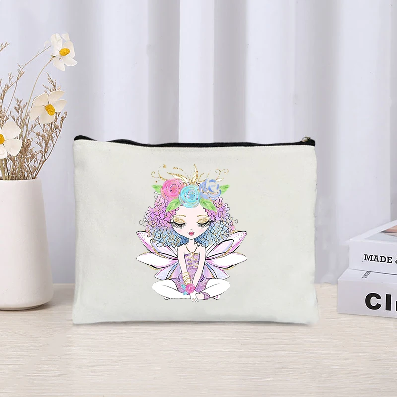 Cute Cartoon Elf Girl Printed Cosmetic Bag Casual Eco Canvas Travel Organizer Kit Ladies Party Gift Clutch Kids Pencil Case