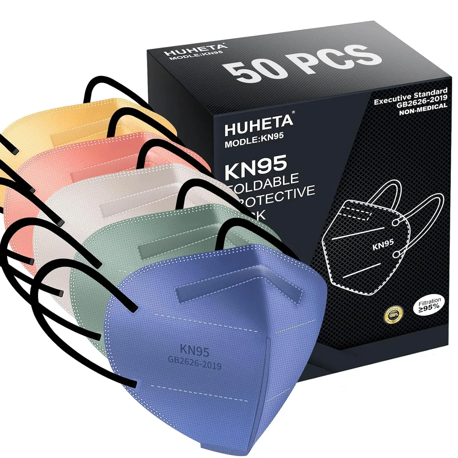

50 Packs KN95 Face Mask, 5-Ply Breathable & Comfortable Filter Safety Mask (50PCS-MTC I Color)