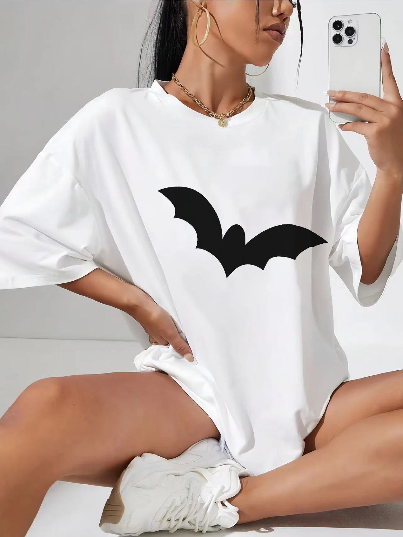 

Watercolor Scary Halloween Clipart Plus Size White Crew Neck Shirt Women Cotton Soft Comfy Loose T-Shirt with Festive Halloween