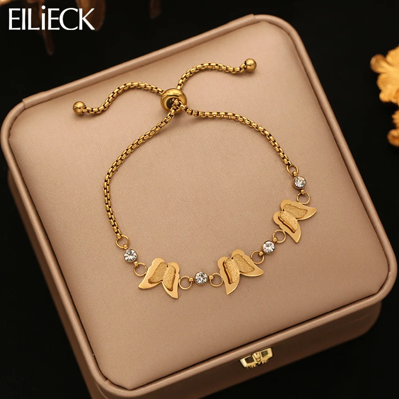 EILIECK 316L Stainless Steel Butterfly Zircon Charms Bracelet For Women Trendy Gold Color Drawstring Hand Chain Jewelry Gift