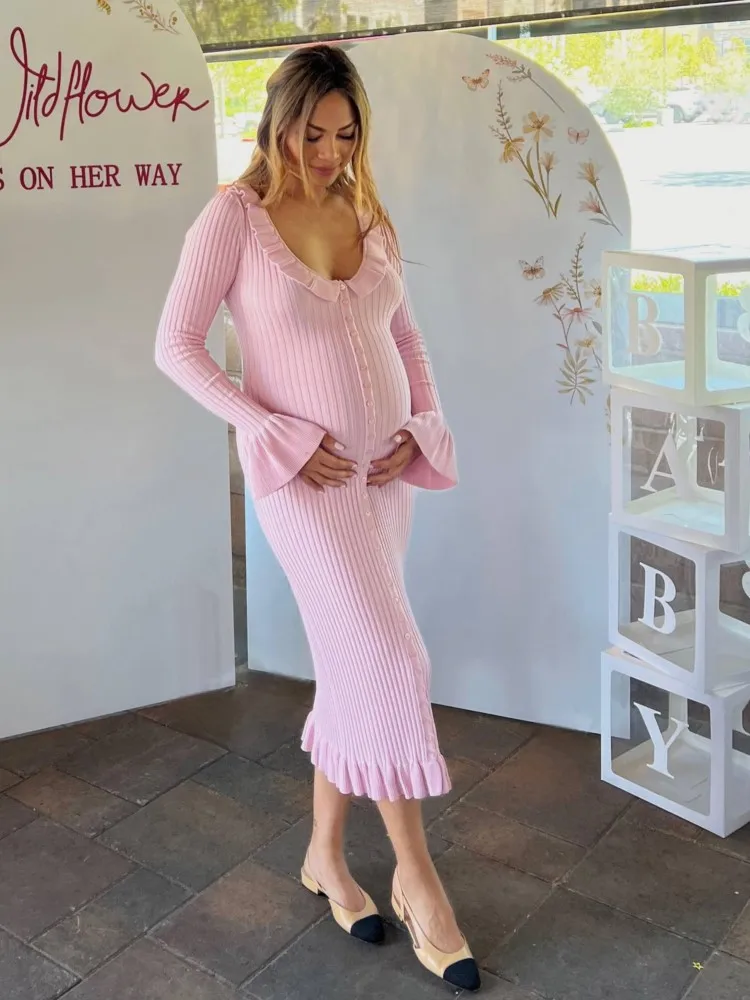 Robe plissée tricotée rose pour femmes, Chic, élégante, bord à volants, simple boutonnage, manches longues, Slim, mi-longue, nouvelle collection automne 2025