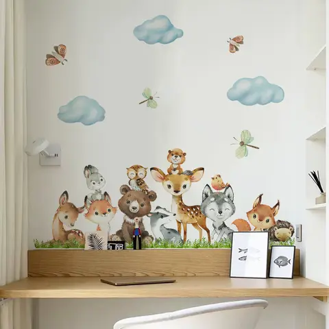 बच्चों के कमरे, शिशु नर्सरी कक्ष की सजावट, हाथी जिराफ़ स्टिकर के लिए कार्टून जंगल पशु पत्ते जल रंग विनाइल दीवार स्टिकर 10 best sales शिशु नर्सरी - №5