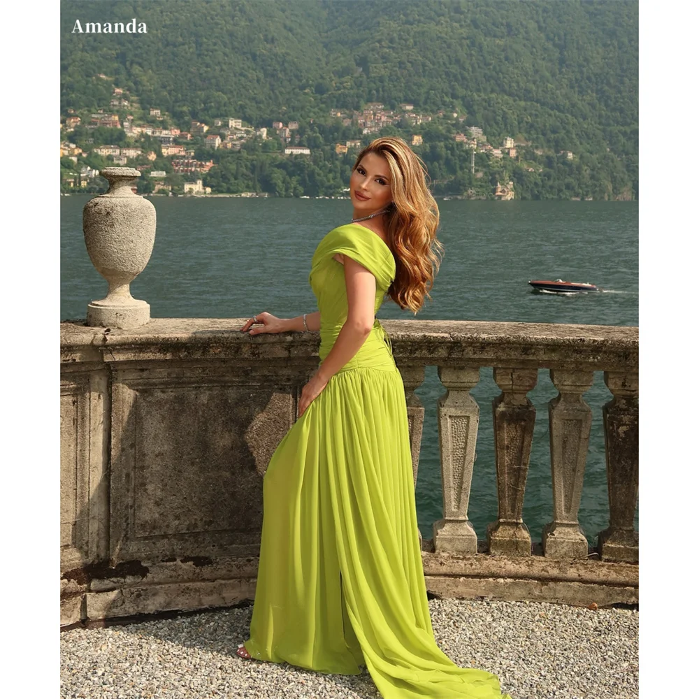 Amanda Customized Green Off Shoulder Pleated Prom Dress Lace-Up Sleeveless vestidos de noche Elegant Floor-Length Formal Evening