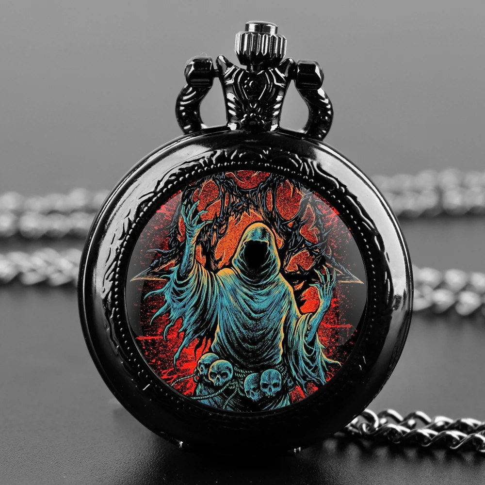 Orologio da tasca al quarzo nero con cupola in vetro stile scuro con quadrante con numeri arabi e catena resistente, regalo retrò per uomo e donna