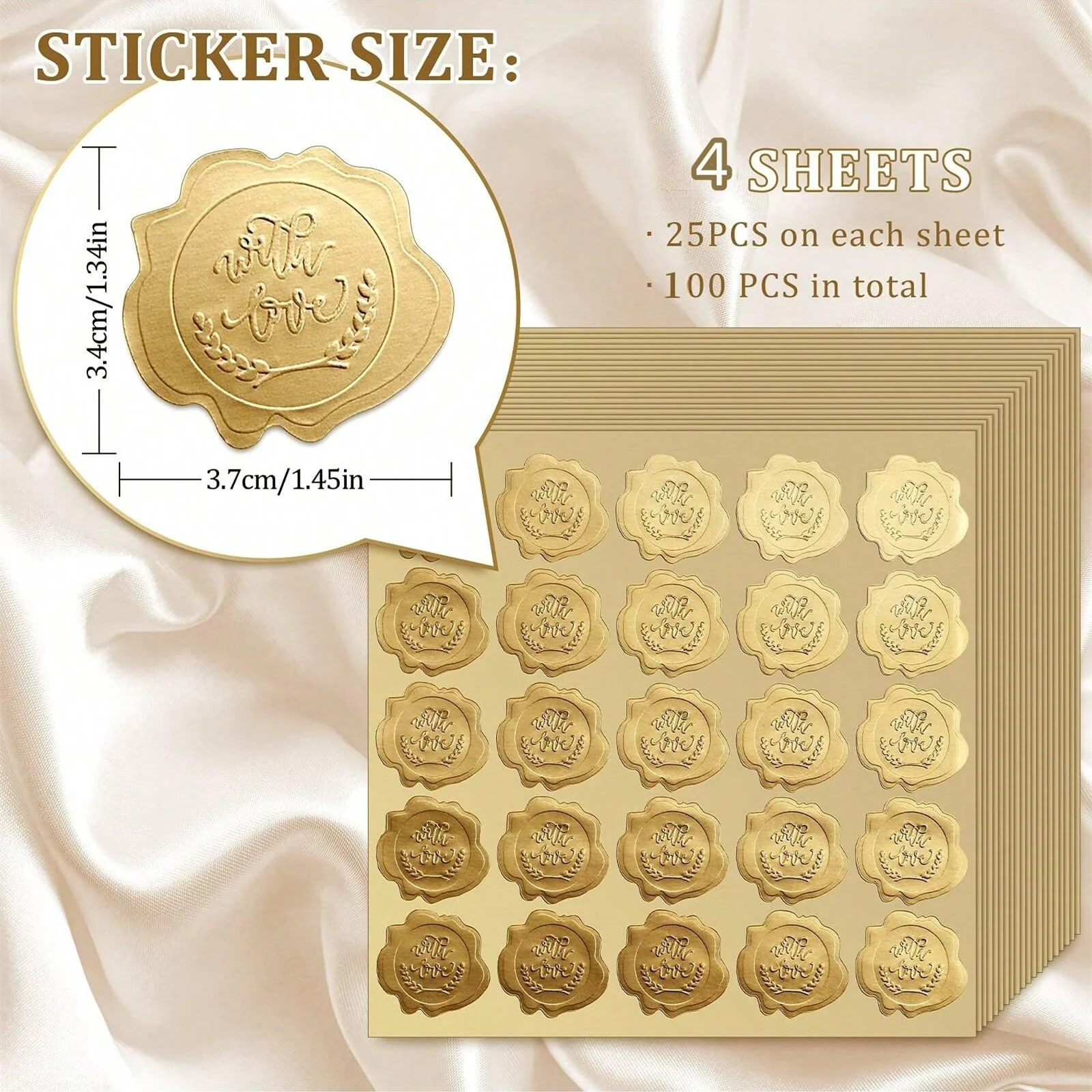 100 Stück goldgeprägte Wachssiegel-Umschlagstäbchen, Ersatz für Wachssiegel, für Grußkarten, Geschenkdekoration – Detail 4